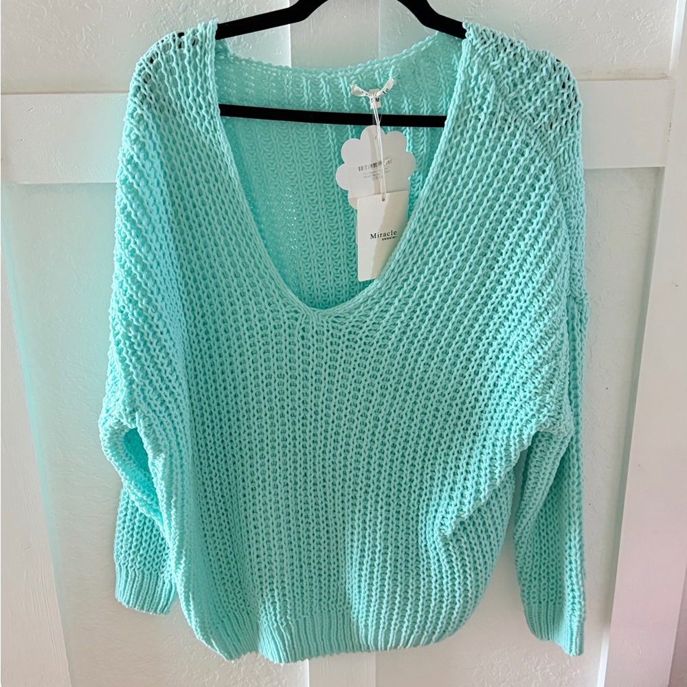 Miracle Mint Green V-Neck Open Knit Sweater
